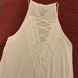 American Eagle White Lace Deep V Tank